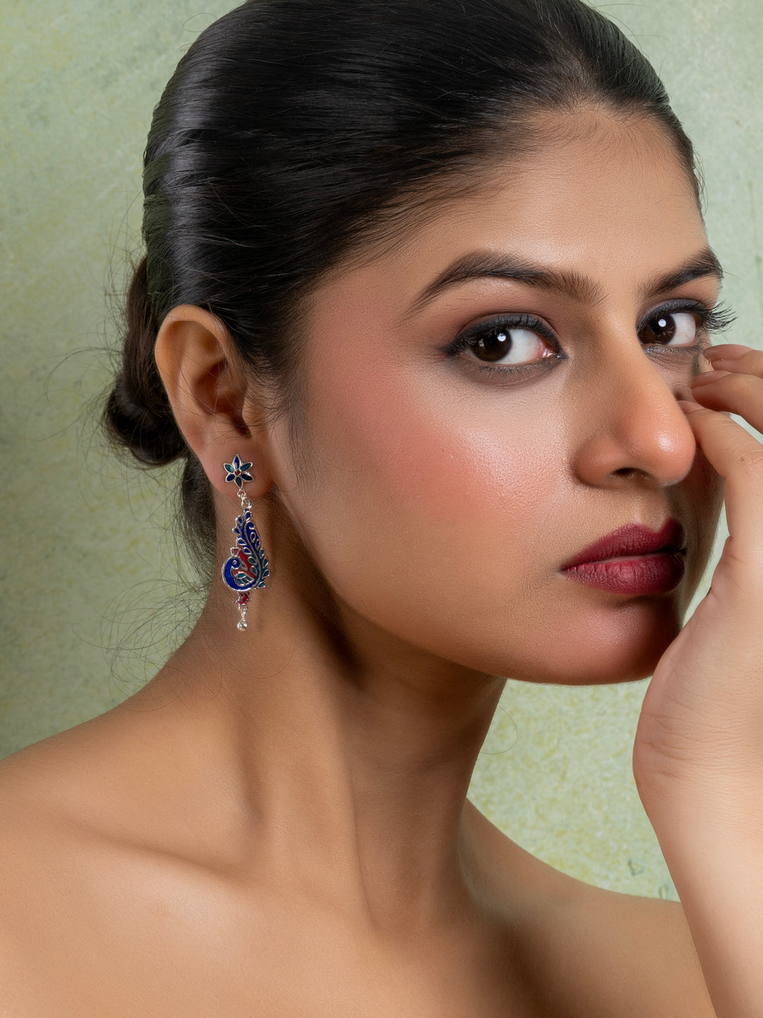 Blue Red Floral Stud Peacock Meenakari Enamel Earring