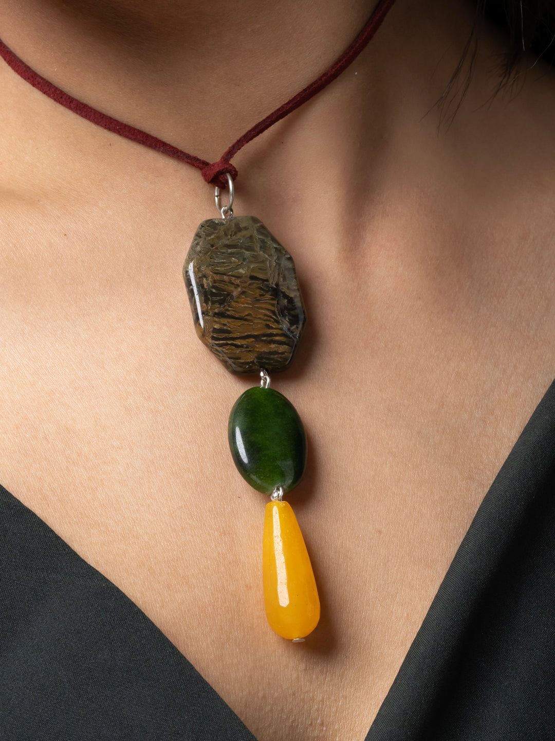Semi Precious Brown Green Yellow Onyx Agate Sleek necklace with adjustable Suede Cord LOOK AND ADORN - designed for you