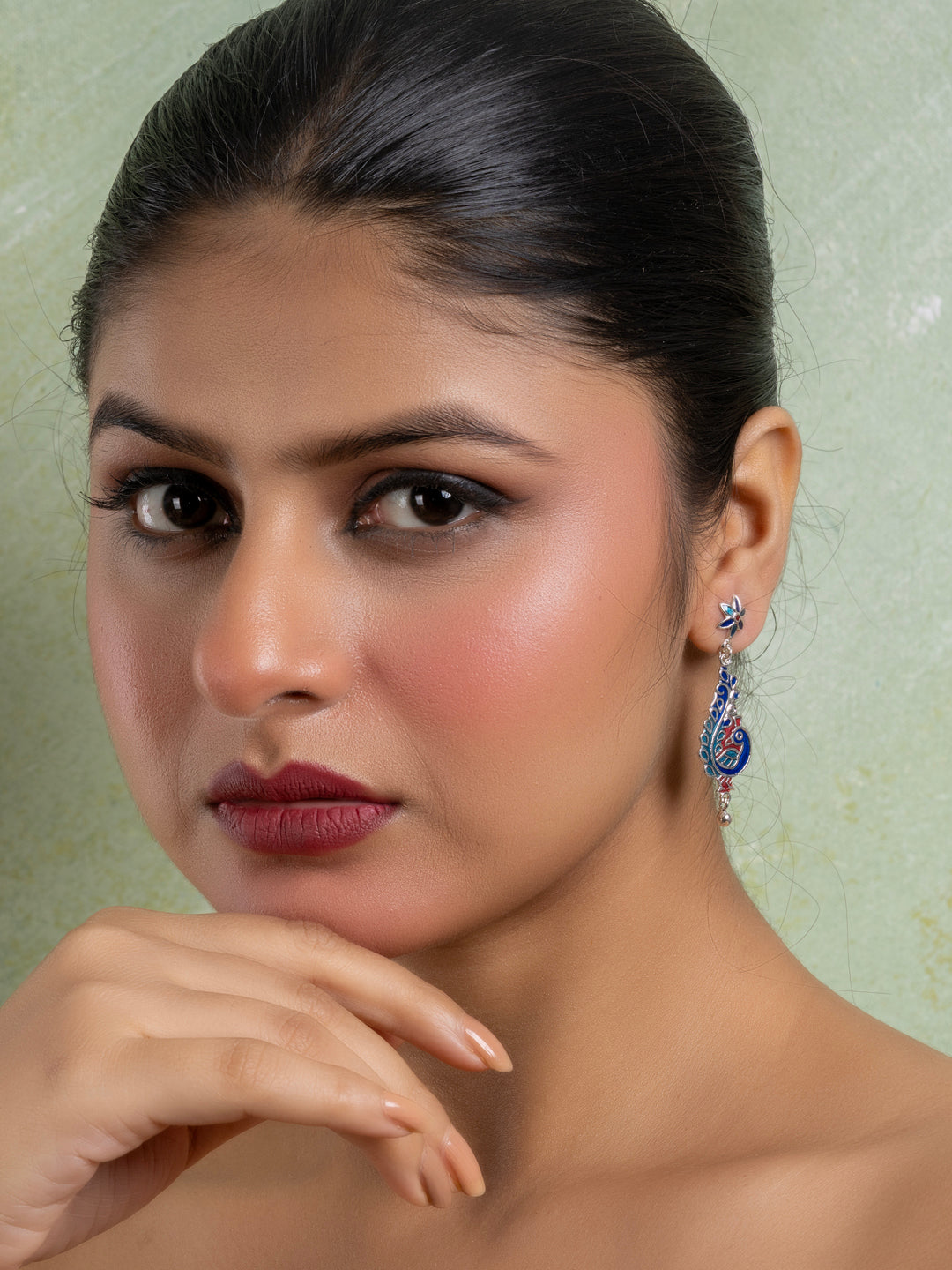 Blue Red Floral Stud Peacock Meenakari Enamel Earring