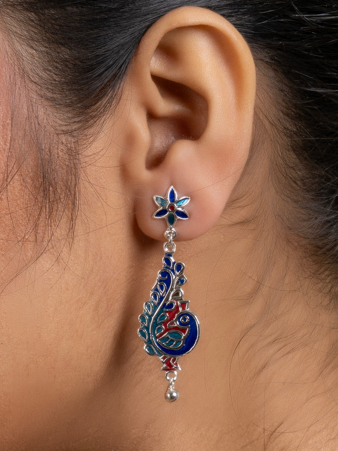 Blue Red Floral Stud Peacock Meenakari Enamel Earring