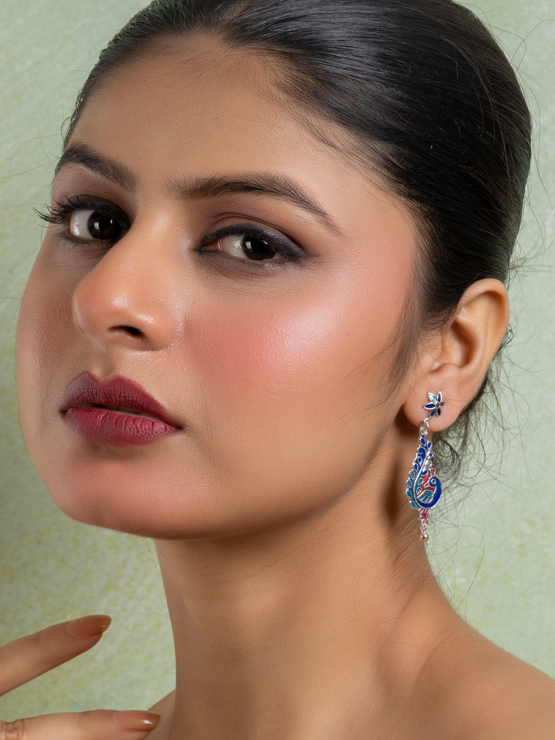 Blue Red Floral Stud Peacock Meenakari Enamel Earring