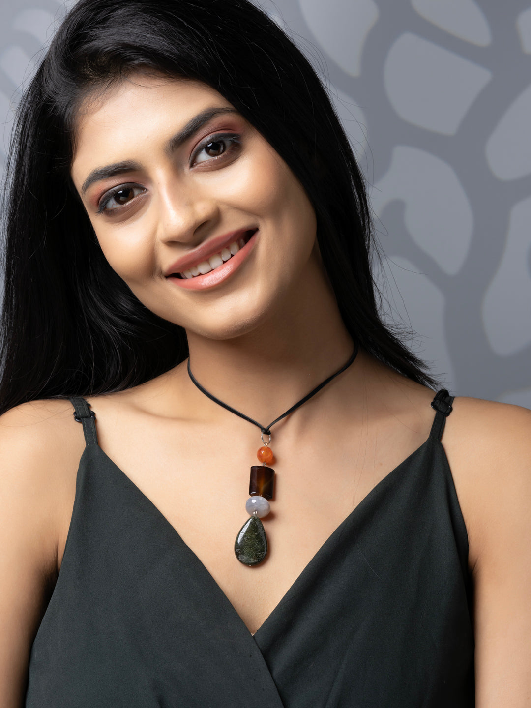 Semi Precious Brown Orange Green Onyx Agate Jasper Sleek necklace with adjustable Suede Cord LOOK AND ADORN - designed for you