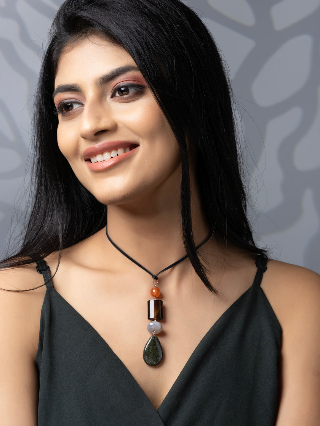 Semi Precious Brown Orange Green Onyx Agate Jasper Sleek necklace with adjustable Suede Cord LOOK AND ADORN - designed for you