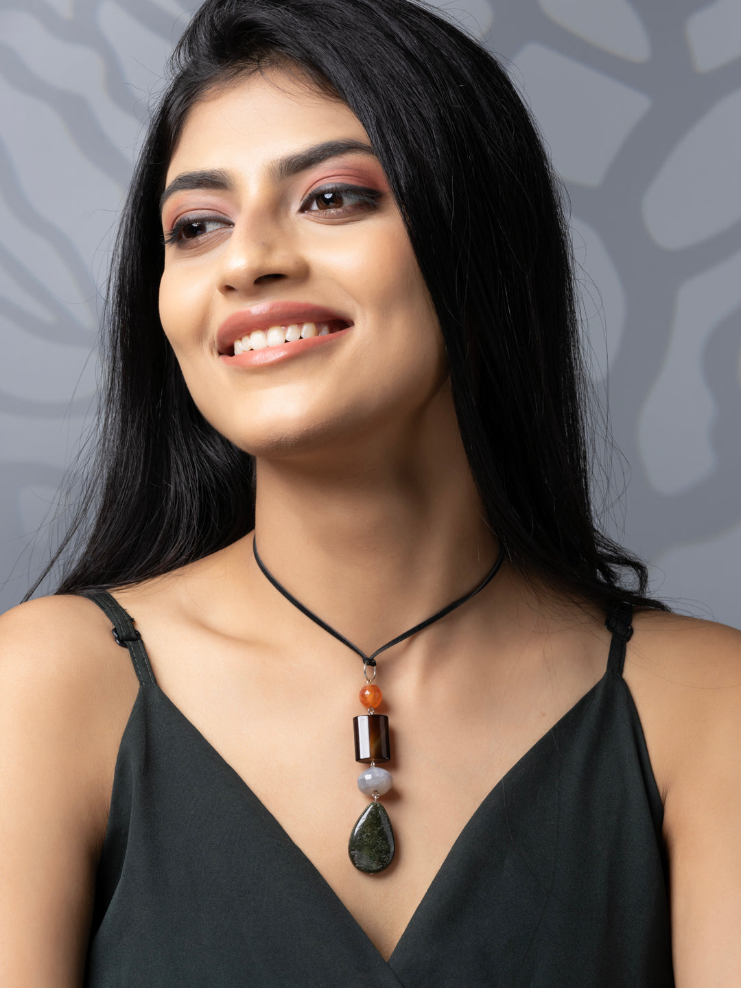 Semi Precious Brown Orange Green Onyx Agate Jasper Sleek necklace with adjustable Suede Cord LOOK AND ADORN - designed for you