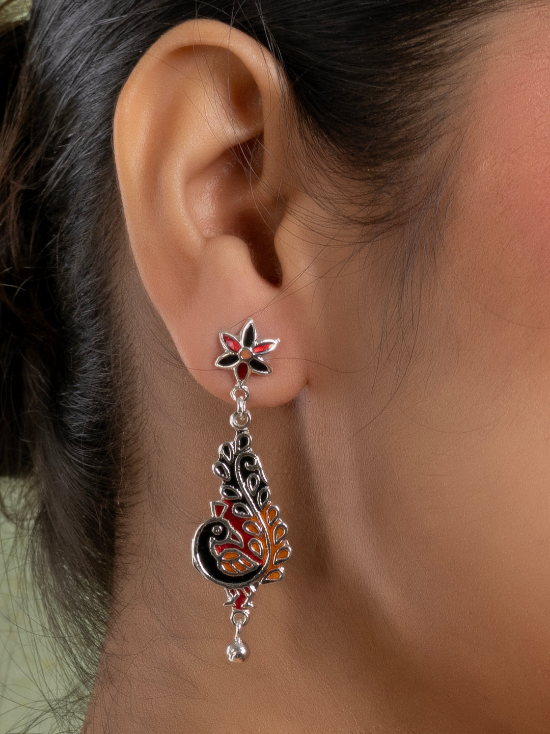 Black Red Orange Floral Stud Peacock Meenakari Enamel Earring