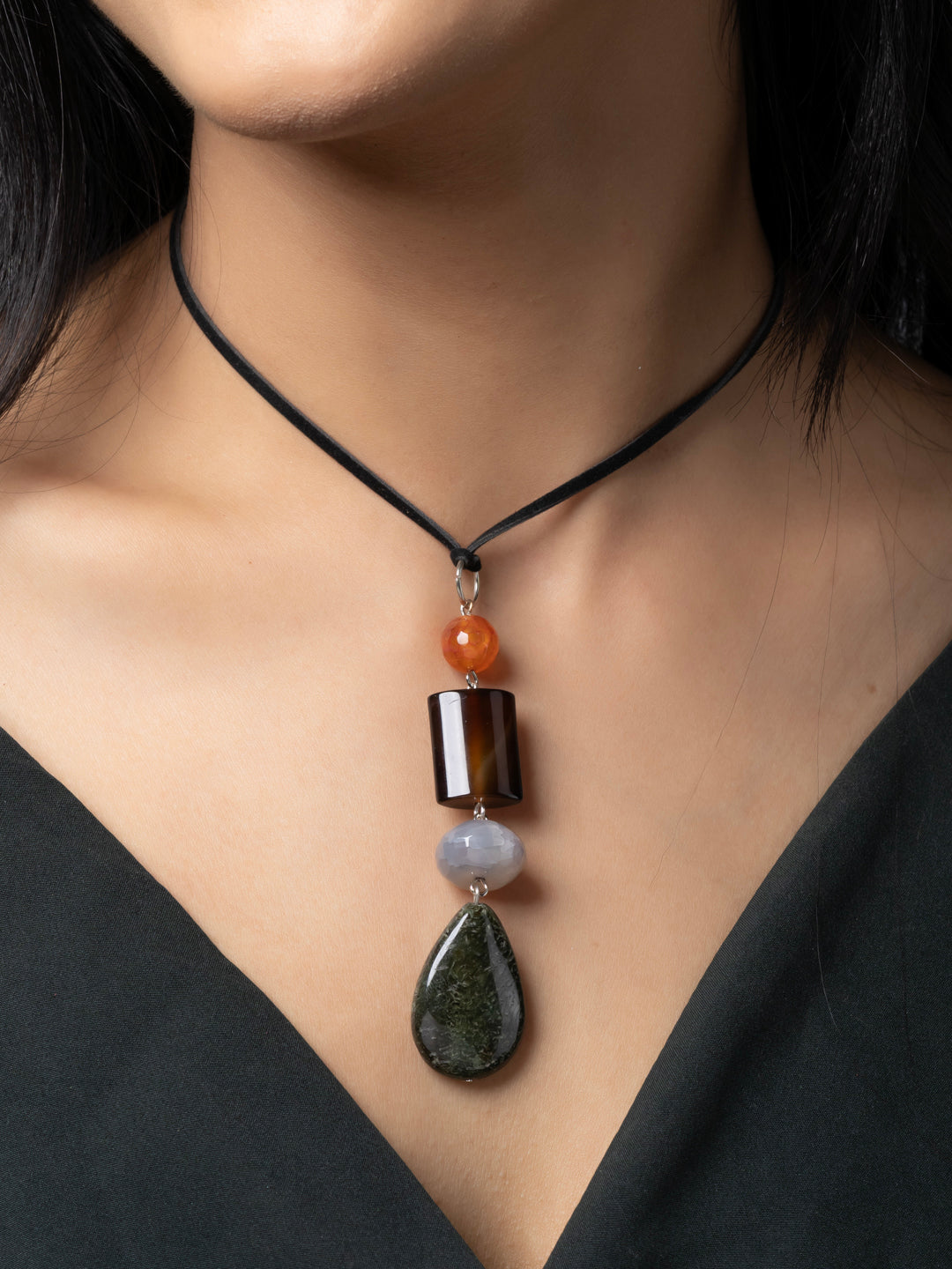 Semi Precious Brown Orange Green Onyx Agate Jasper Sleek necklace with adjustable Suede Cord LOOK AND ADORN - designed for you