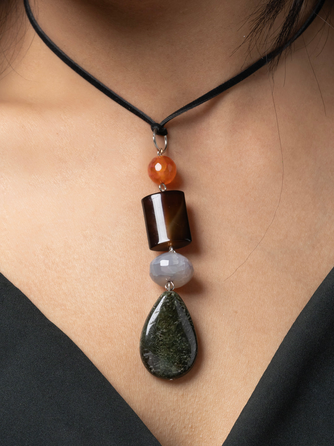 Semi Precious Brown Orange Green Onyx Agate Jasper Sleek necklace with adjustable Suede Cord LOOK AND ADORN - designed for you