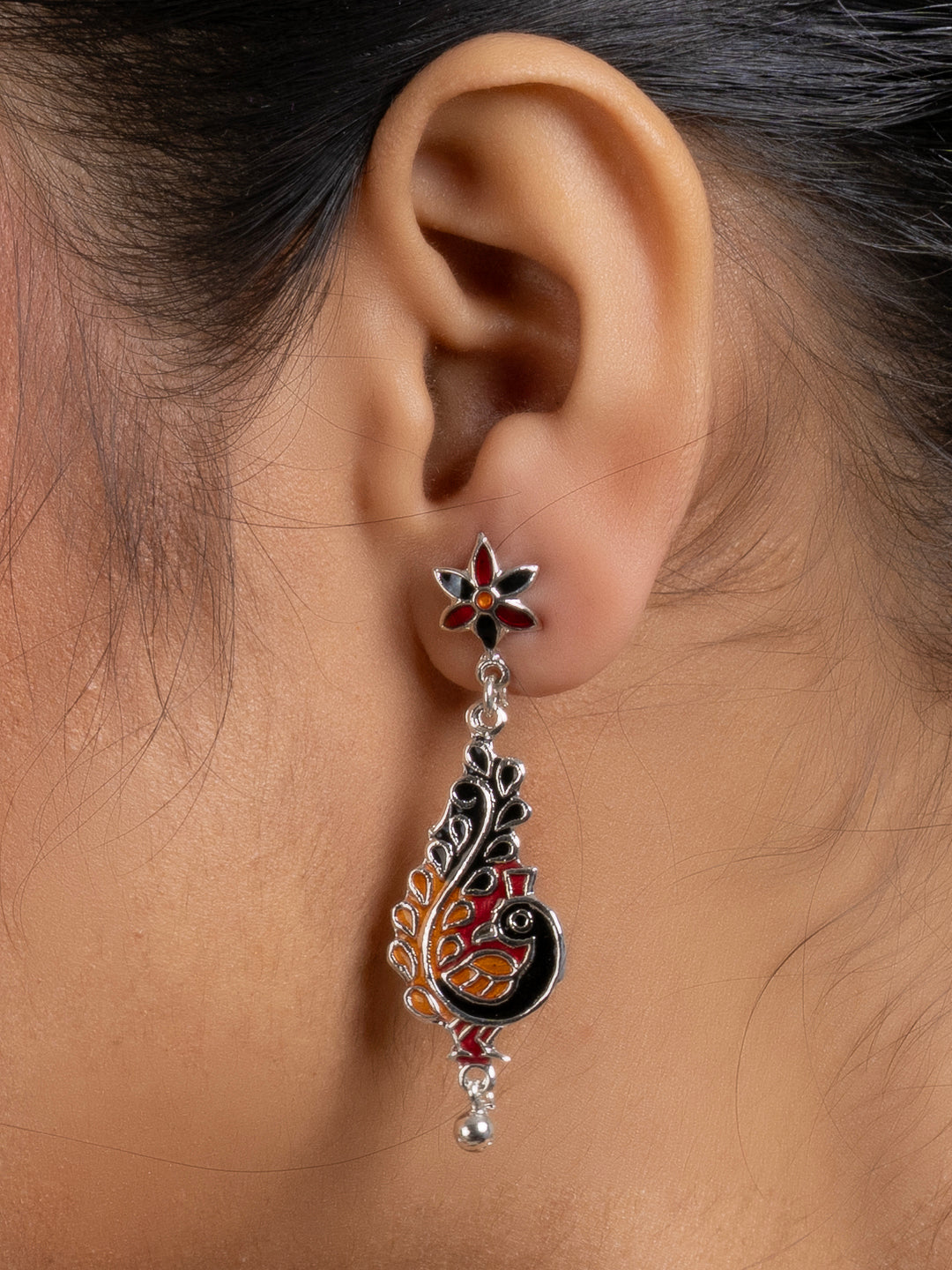 Black Red Orange Floral Stud Peacock Meenakari Enamel Earring