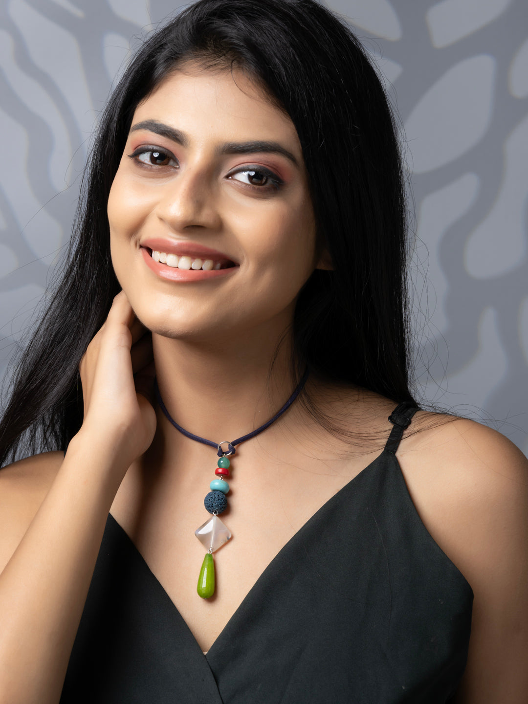 Semi Precious Teal Green Red Turquoise Blue Lava Onyx Agate Sleek necklace with adjustable Suede Cord LOOK AND ADORN - designed for you