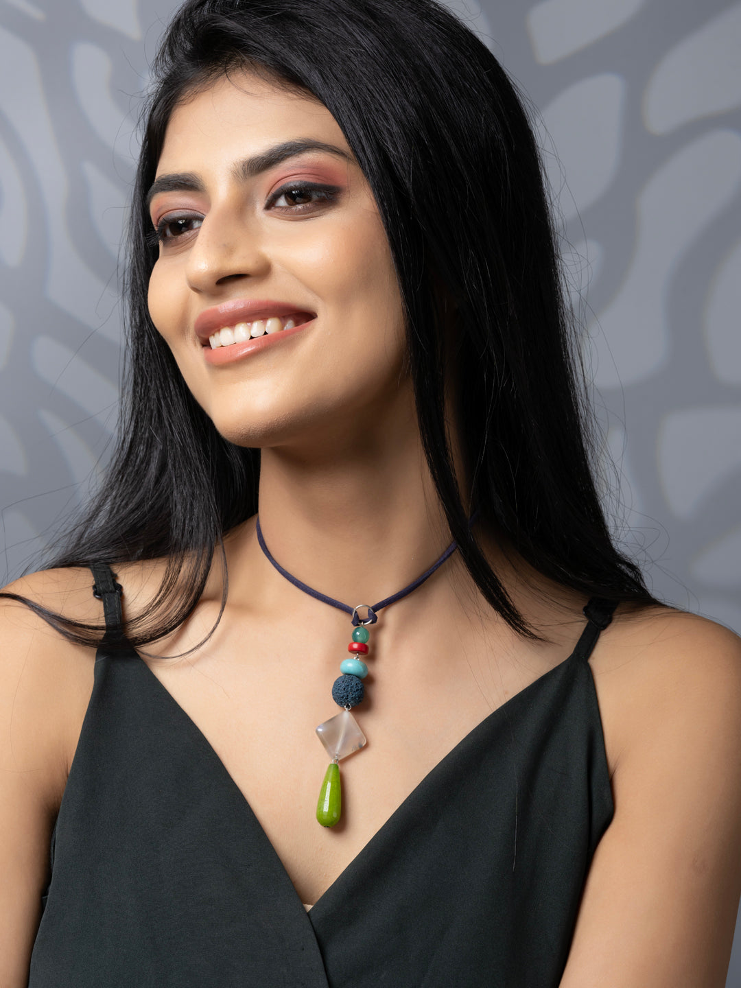 Semi Precious Teal Green Red Turquoise Blue Lava Onyx Agate Sleek necklace with adjustable Suede Cord LOOK AND ADORN - designed for you