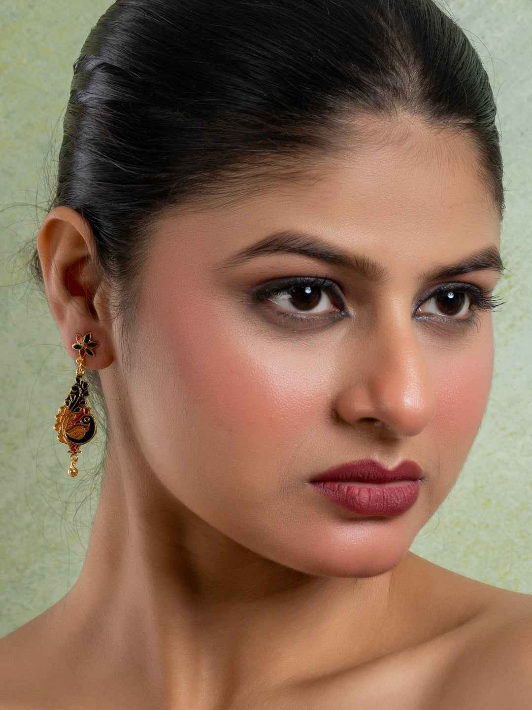 Black Red Orange Floral Stud Peacock Meenakari Enamel Earring