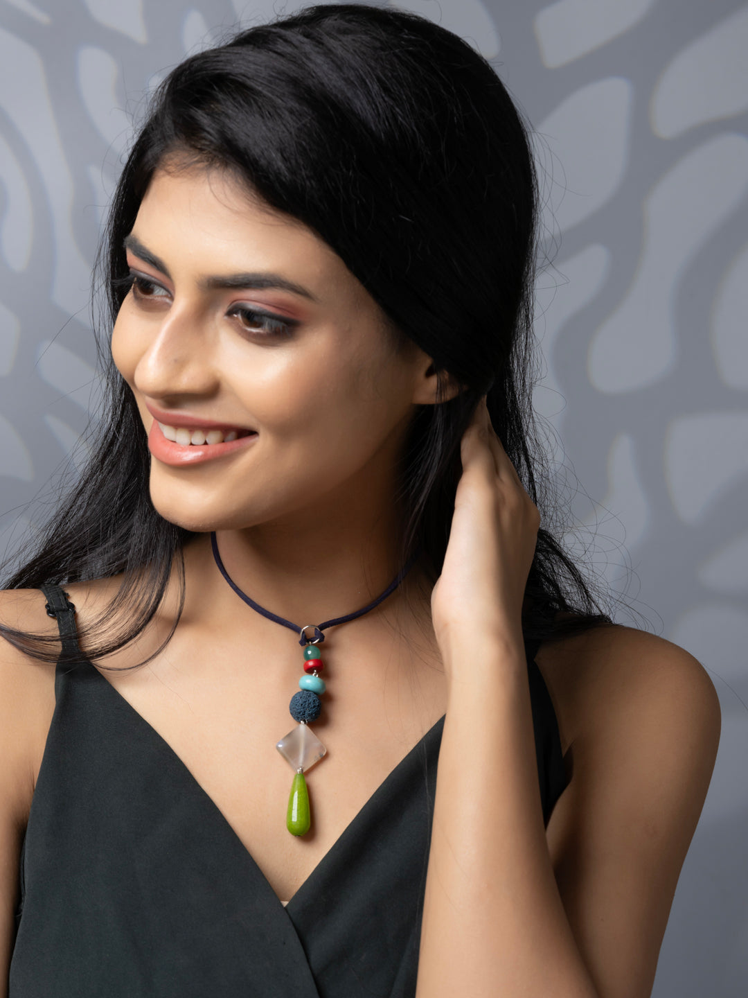 Semi Precious Teal Green Red Turquoise Blue Lava Onyx Agate Sleek necklace with adjustable Suede Cord LOOK AND ADORN - designed for you