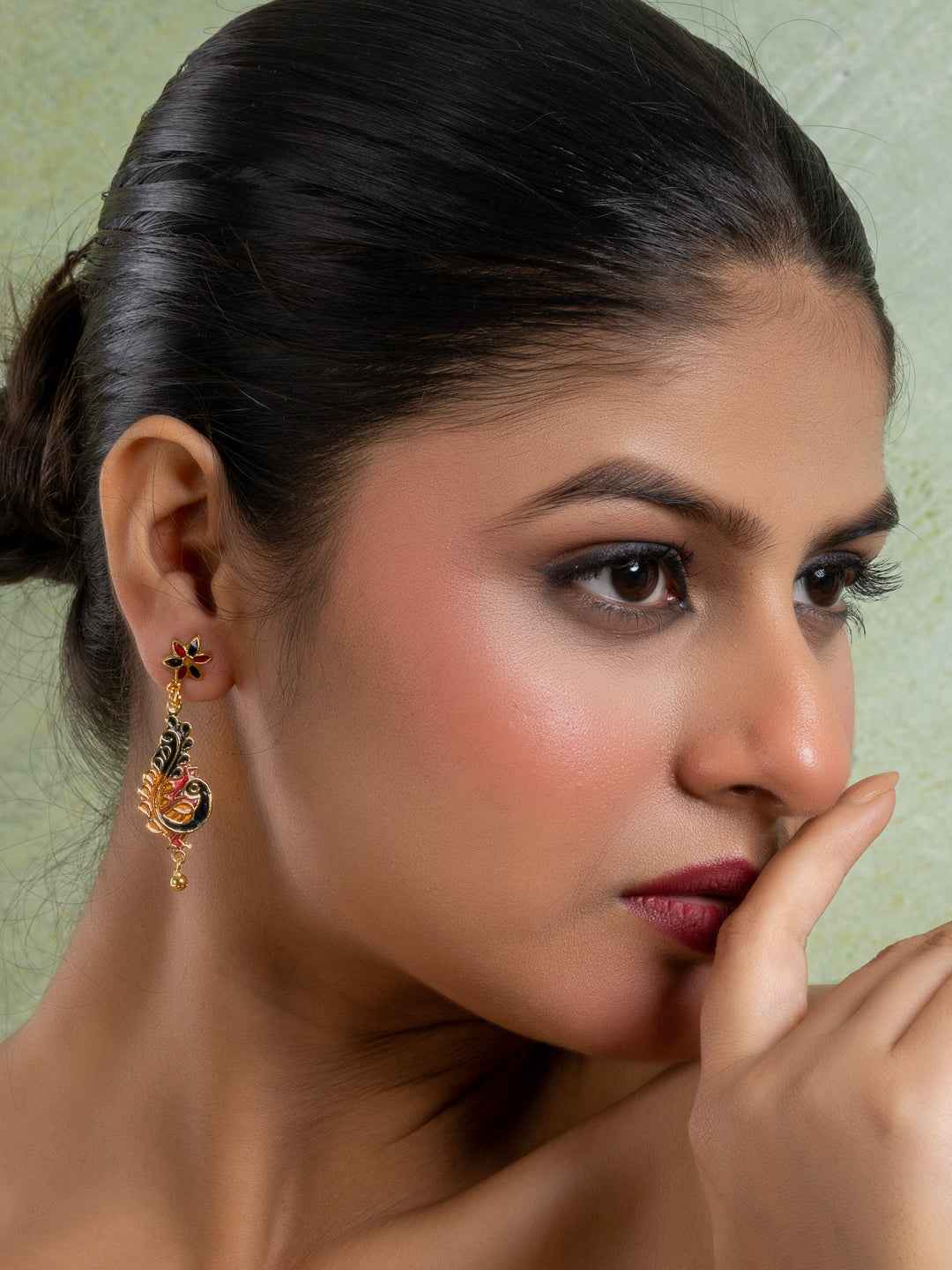 Black Red Orange Floral Stud Peacock Meenakari Enamel Earring