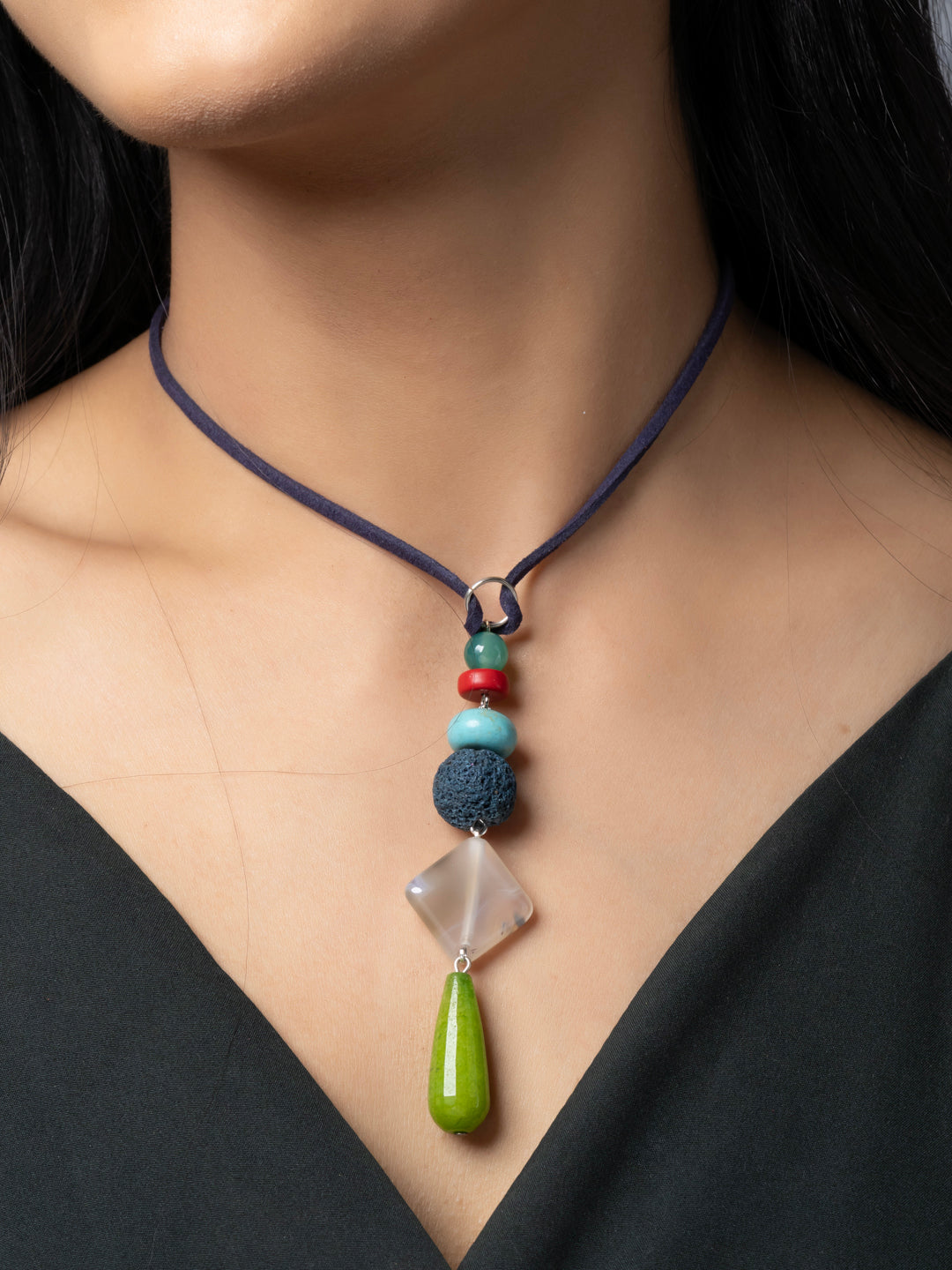 Semi Precious Teal Green Red Turquoise Blue Lava Onyx Agate Sleek necklace with adjustable Suede Cord LOOK AND ADORN - designed for you