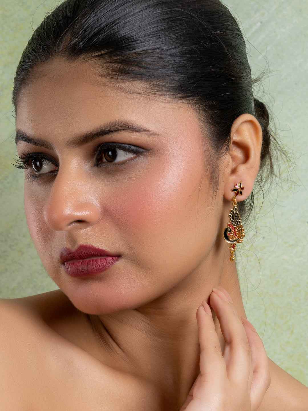 Black Red Orange Floral Stud Peacock Meenakari Enamel Earring