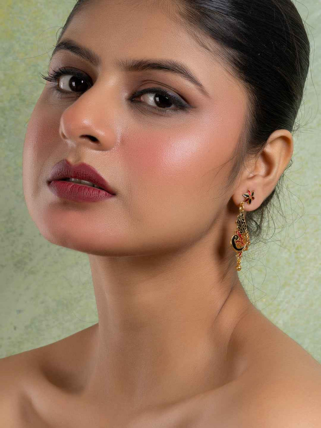 Black Red Orange Floral Stud Peacock Meenakari Enamel Earring