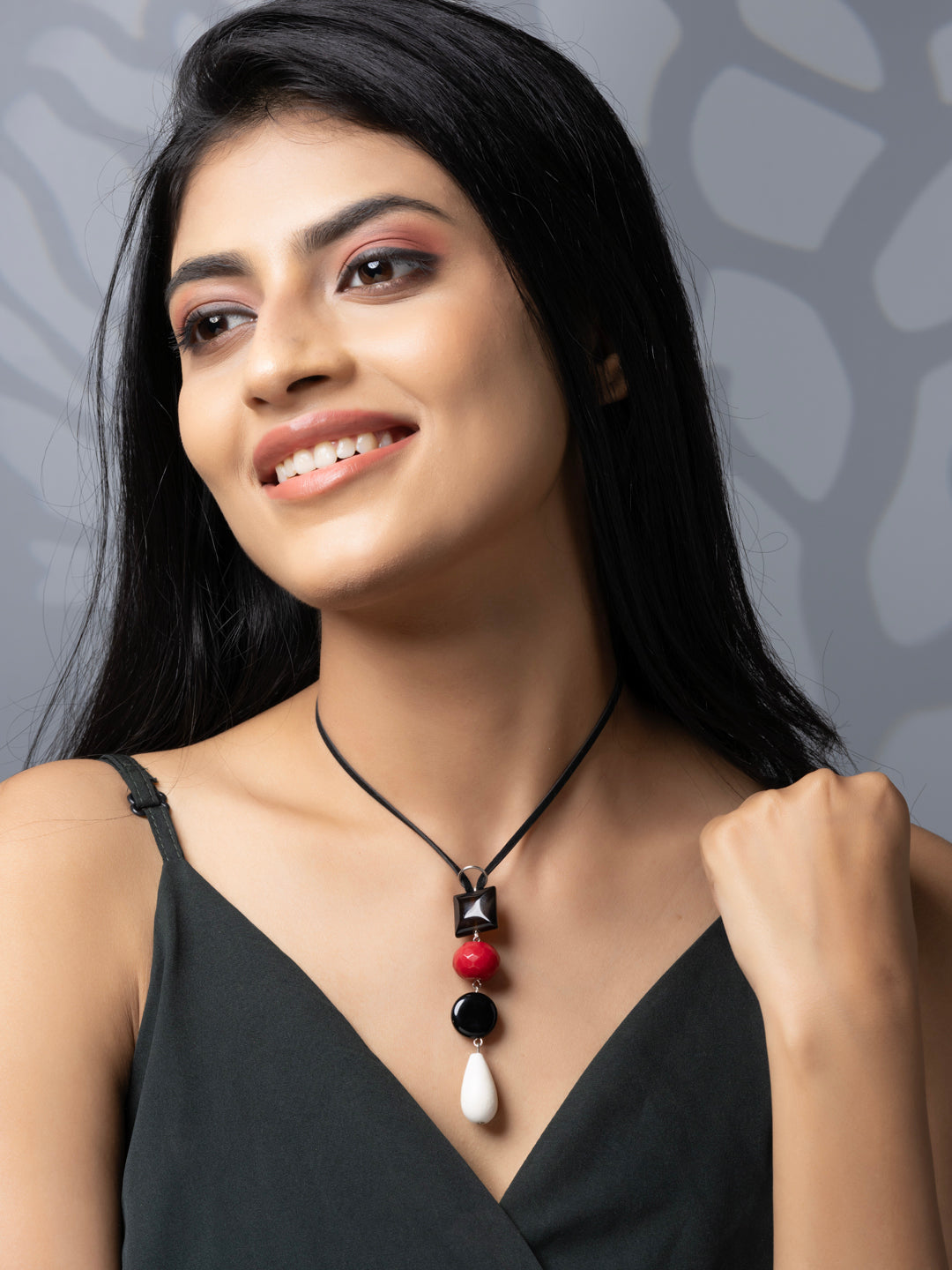 Semi Precious Black Red White Lava Onyx Agate Sleek necklace with adjustable Suede Cord LOOK AND ADORN - designed for you
