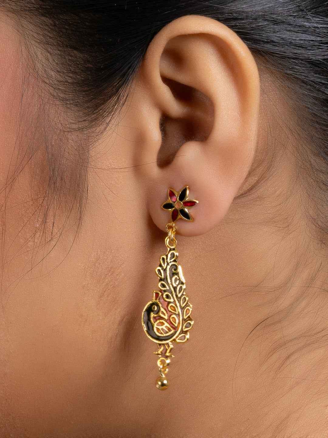 Black Red Orange Floral Stud Peacock Meenakari Enamel Earring