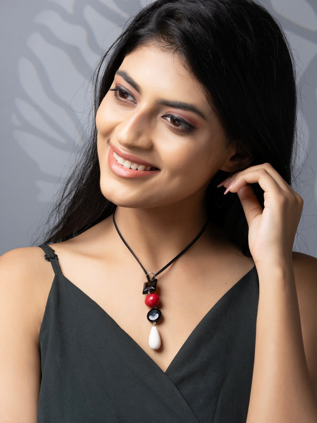 Semi Precious Black Red White Lava Onyx Agate Sleek necklace with adjustable Suede Cord LOOK AND ADORN - designed for you