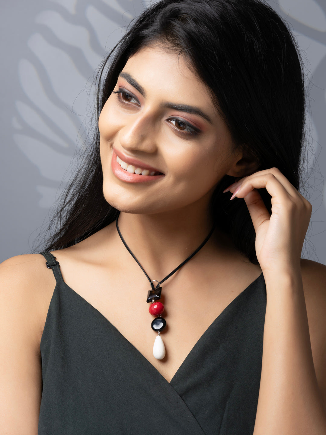 Semi Precious Black Red White Lava Onyx Agate Sleek necklace with adjustable Suede Cord LOOK AND ADORN - designed for you