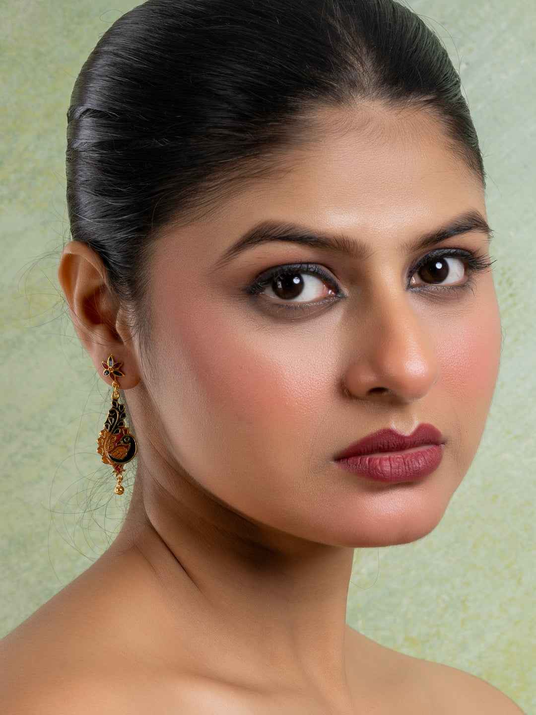 Black Red Orange Floral Stud Peacock Meenakari Enamel Earring