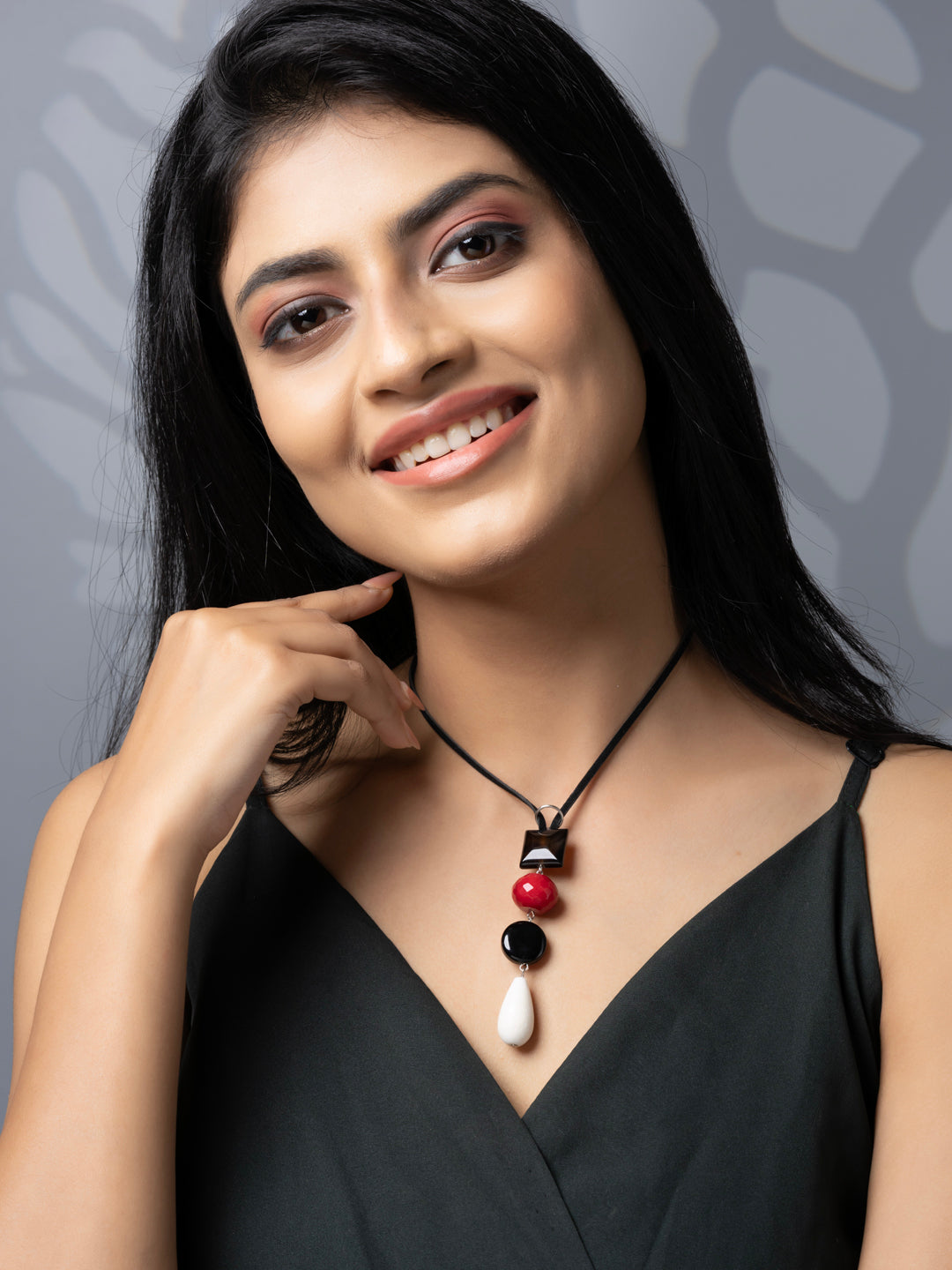 Semi Precious Black Red White Lava Onyx Agate Sleek necklace with adjustable Suede Cord LOOK AND ADORN - designed for you