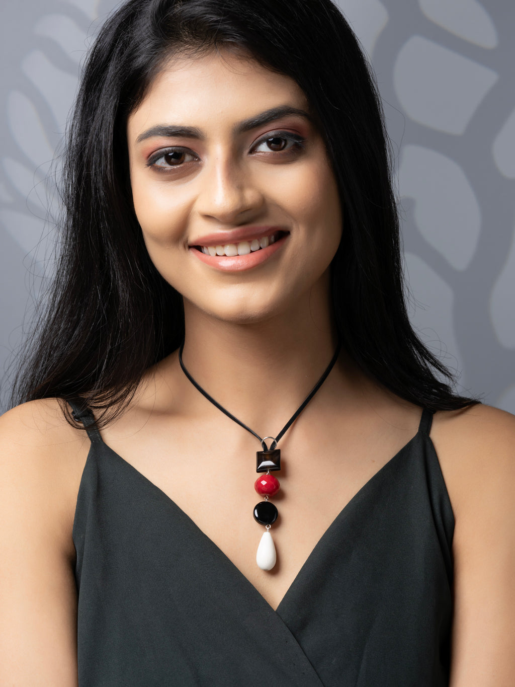 Semi Precious Black Red White Lava Onyx Agate Sleek necklace with adjustable Suede Cord LOOK AND ADORN - designed for you