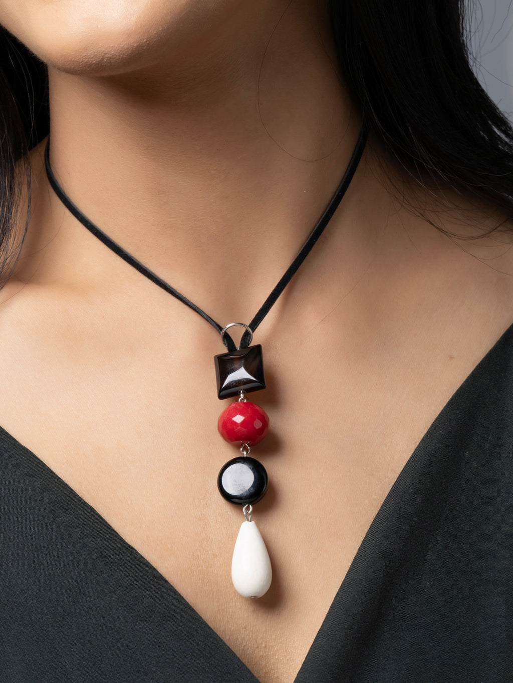 Semi Precious Black Red White Lava Onyx Agate Sleek necklace with adjustable Suede Cord LOOK AND ADORN - designed for you