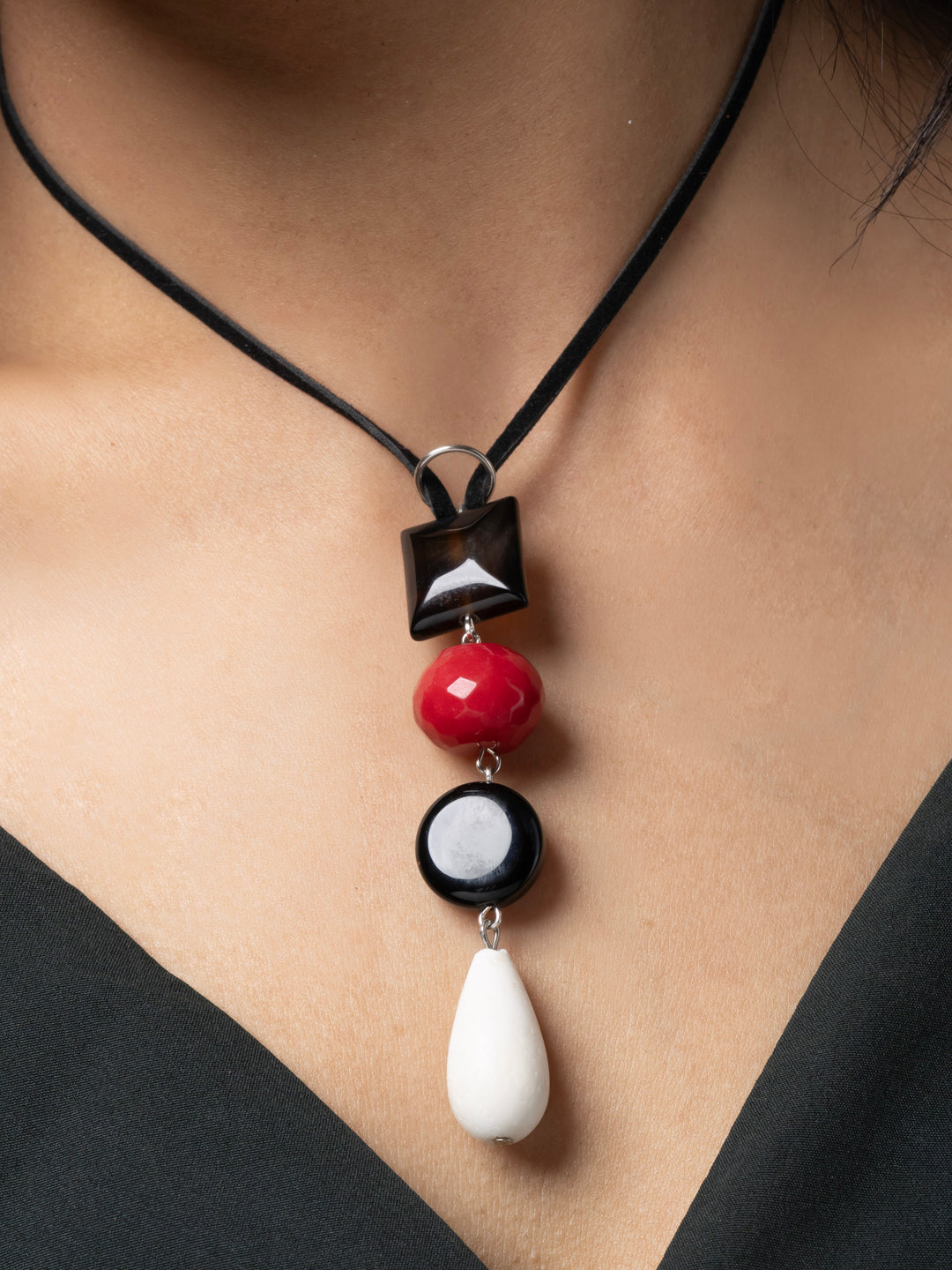 Semi Precious Black Red White Lava Onyx Agate Sleek necklace with adjustable Suede Cord LOOK AND ADORN - designed for you