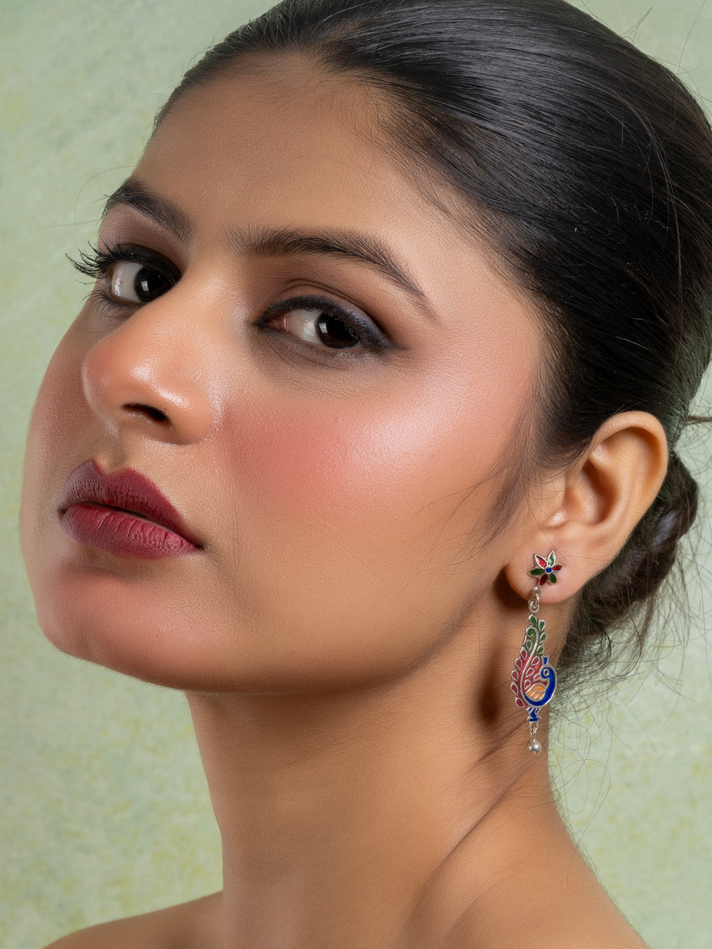 Red Blue Green  Enamel Stud Peacock Meenakari Earrings
