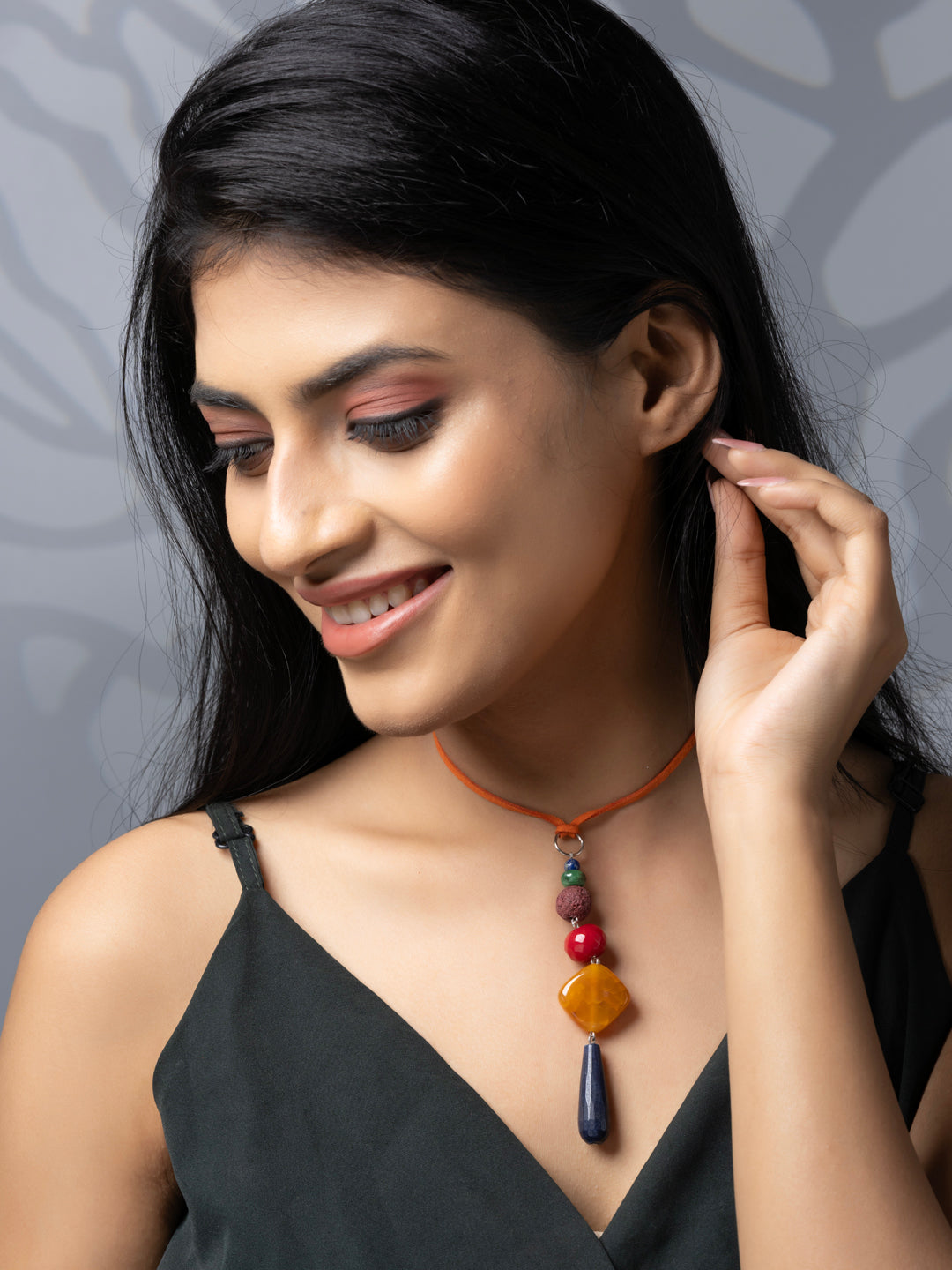 Semi Precious Orange Red Brown Blue Lava Onyx Agate Sleek necklace with adjustable Suede Cord LOOK AND ADORN - designed for you