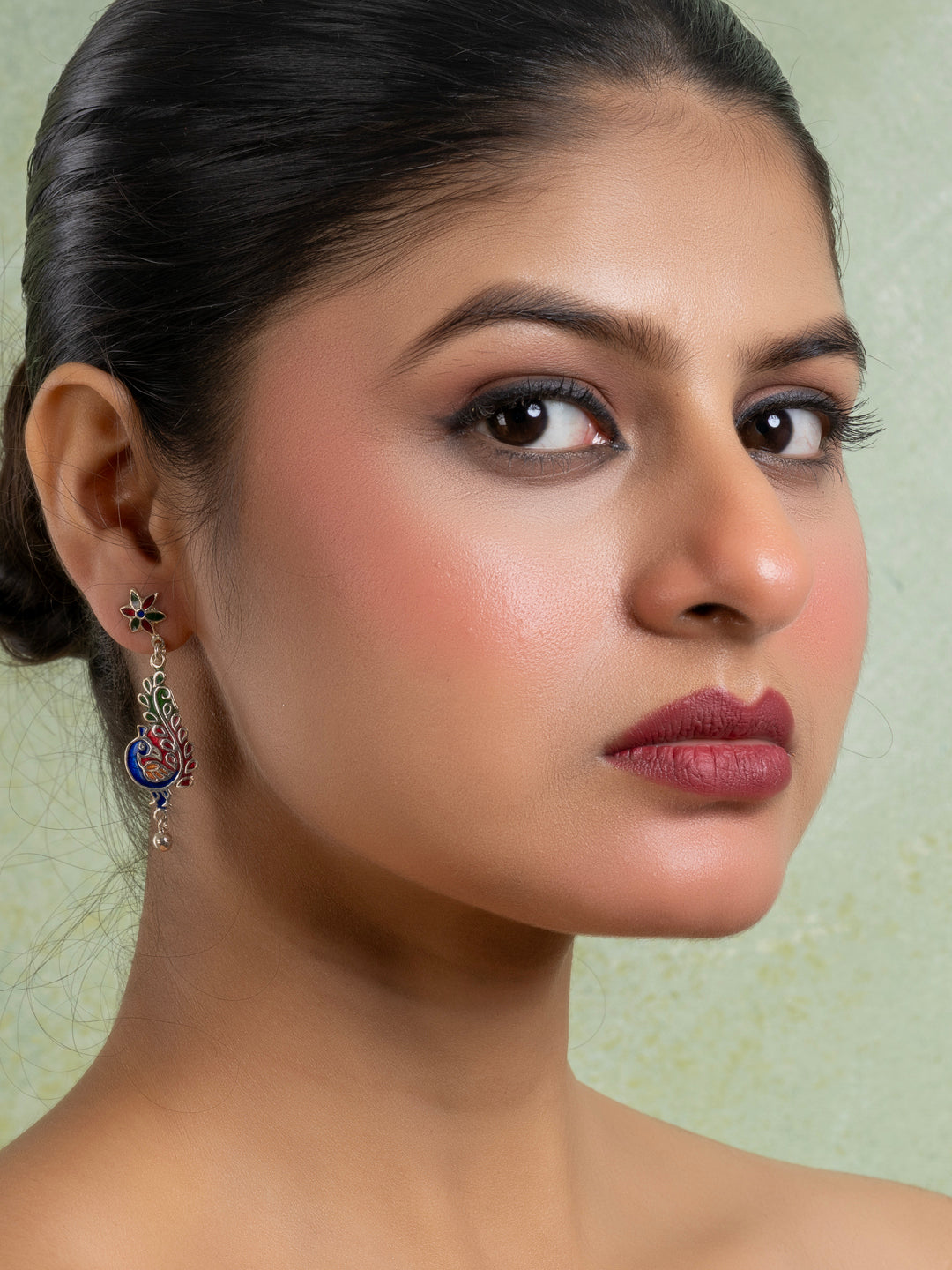 Red Blue Green  Enamel Stud Peacock Meenakari Earrings