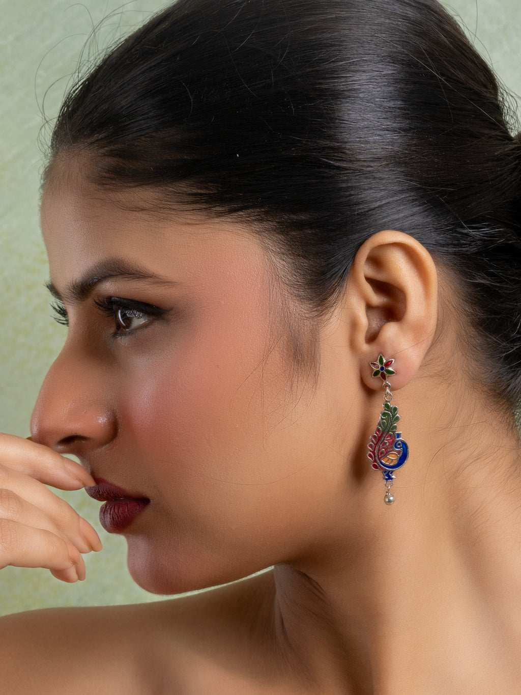 Red Blue Green  Enamel Stud Peacock Meenakari Earrings