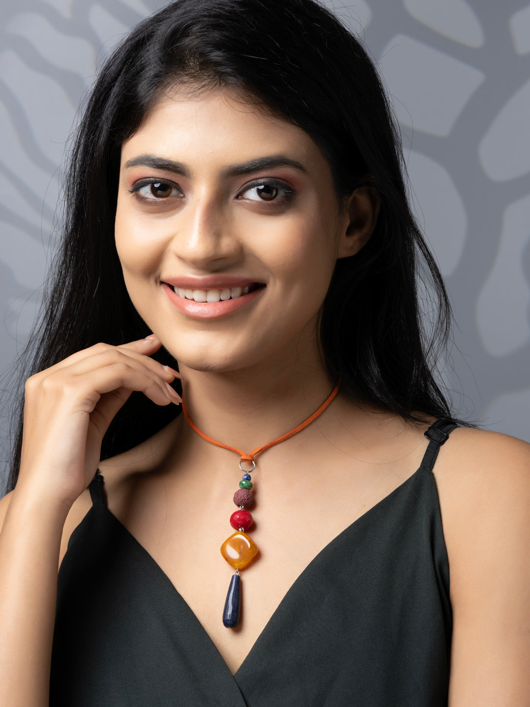 Semi Precious Orange Red Brown Blue Lava Onyx Agate Sleek necklace with adjustable Suede Cord LOOK AND ADORN - designed for you