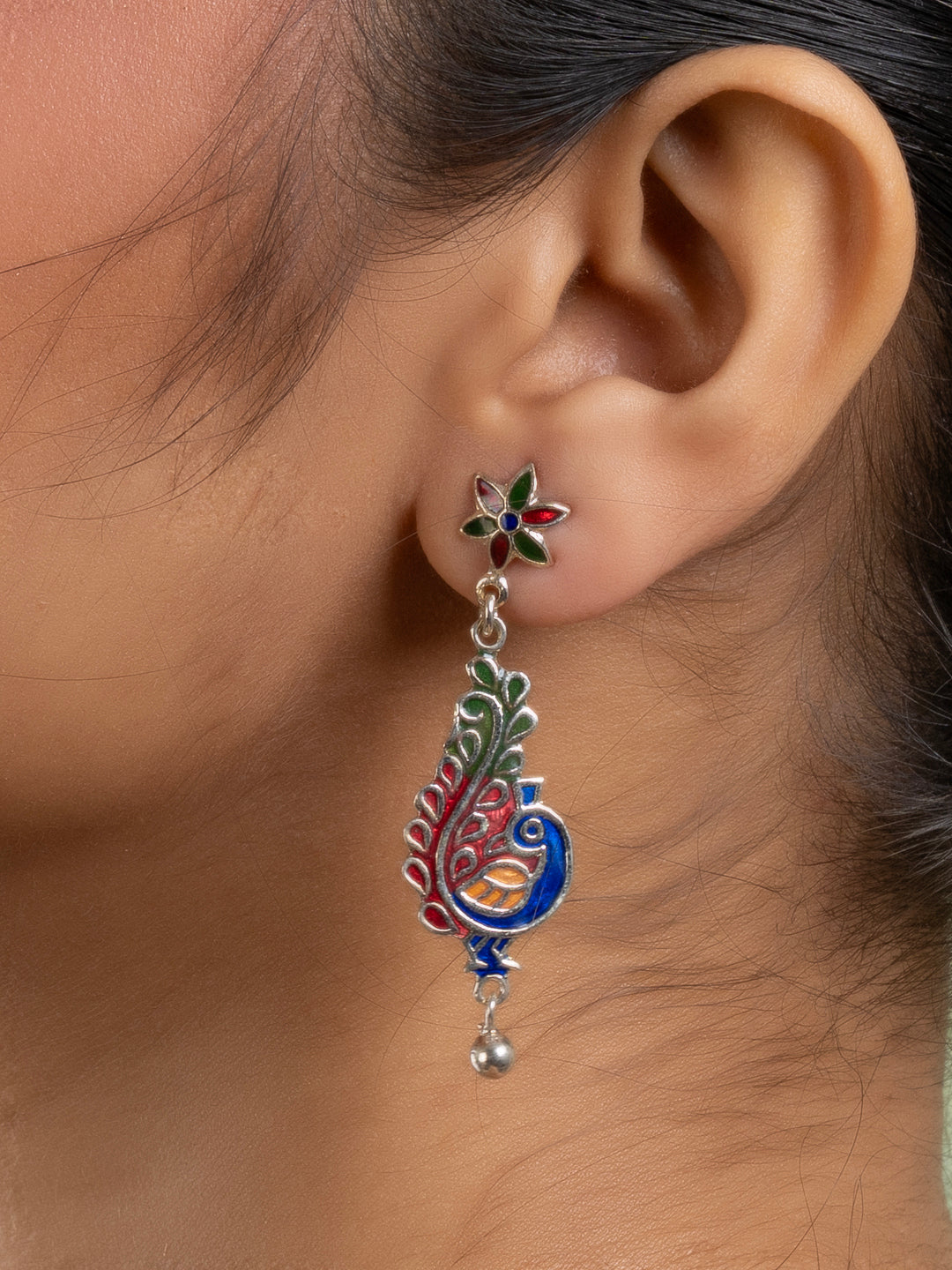 Red Blue Green  Enamel Stud Peacock Meenakari Earrings