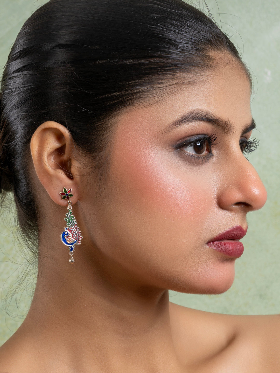 Red Blue Green  Enamel Stud Peacock Meenakari Earrings