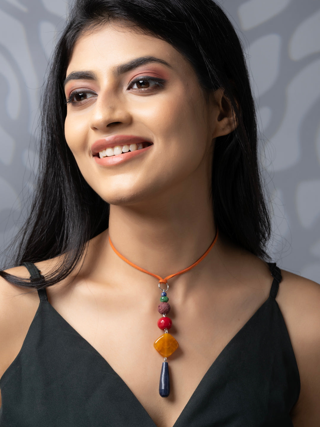 Semi Precious Orange Red Brown Blue Lava Onyx Agate Sleek necklace with adjustable Suede Cord LOOK AND ADORN - designed for you