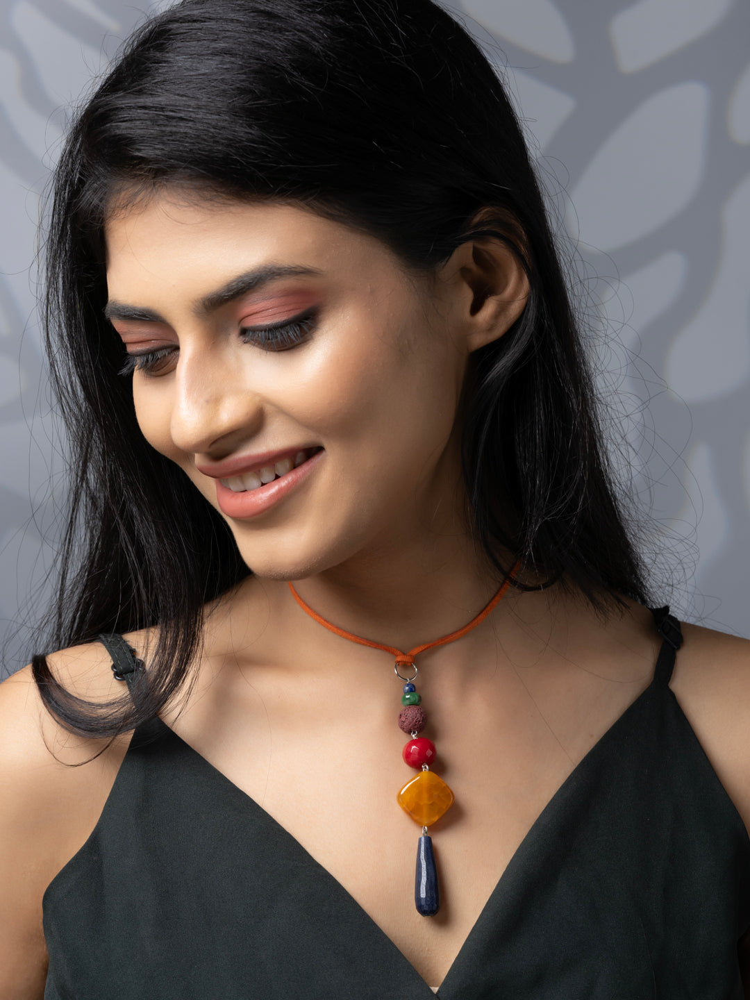 Semi Precious Orange Red Brown Blue Lava Onyx Agate Sleek necklace with adjustable Suede Cord LOOK AND ADORN - designed for you