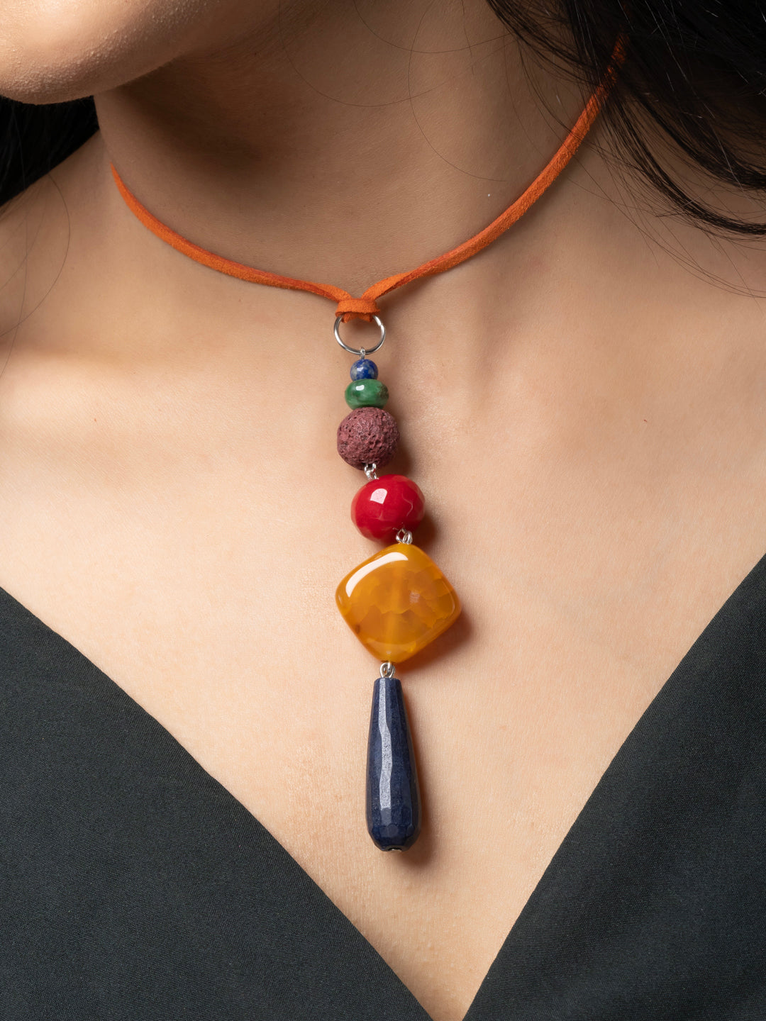 Semi Precious Orange Red Brown Blue Lava Onyx Agate Sleek necklace with adjustable Suede Cord LOOK AND ADORN - designed for you