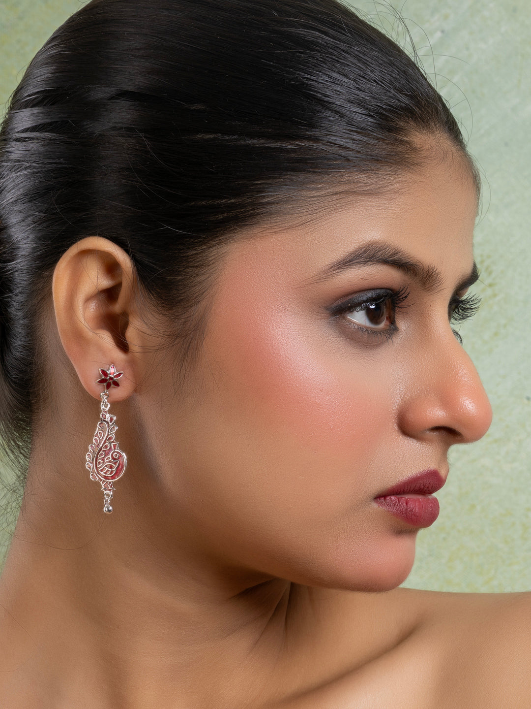 Red Floral Stud Peacock Meenakari Enamel Earring