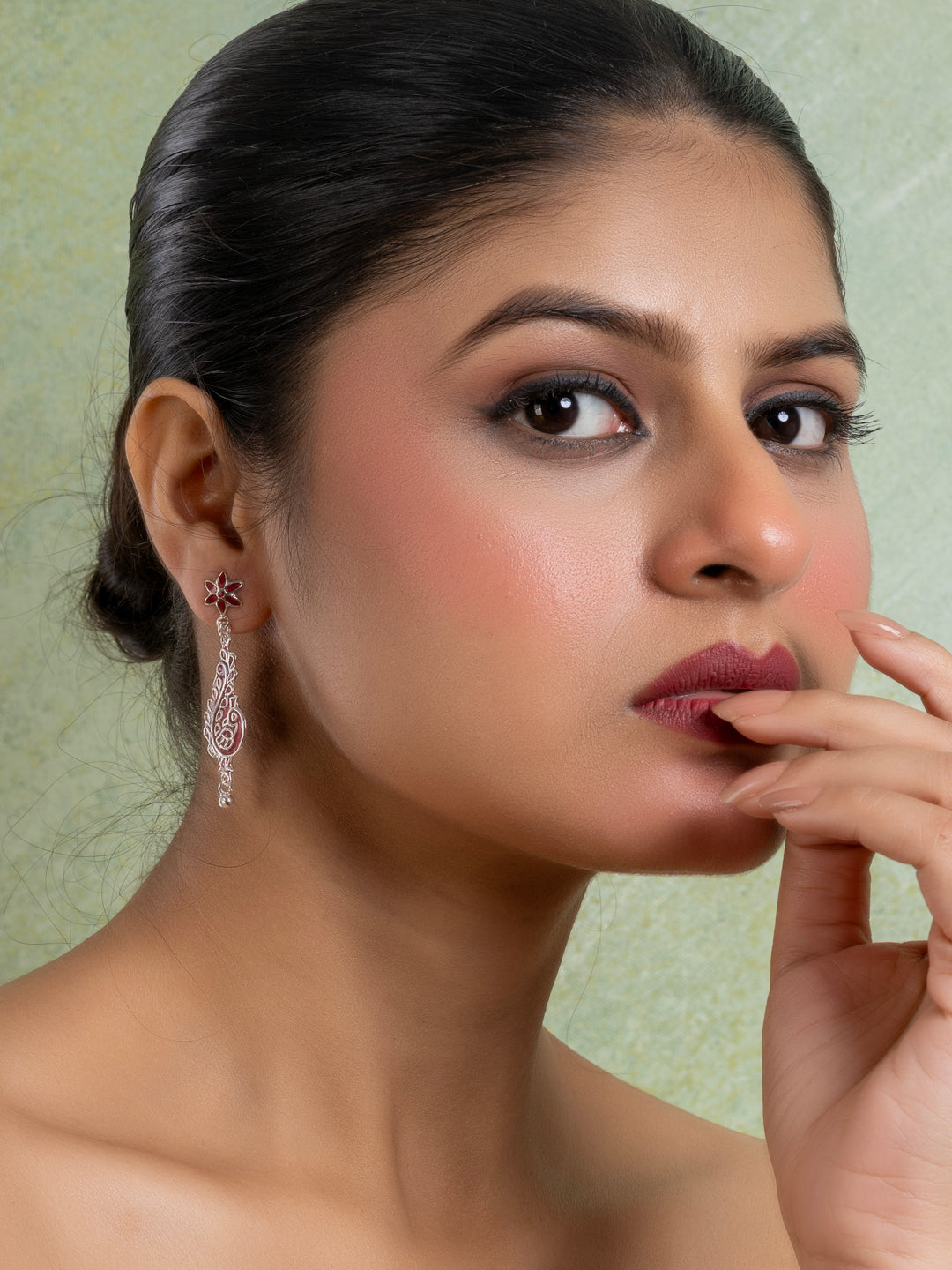 Red Floral Stud Peacock Meenakari Enamel Earring