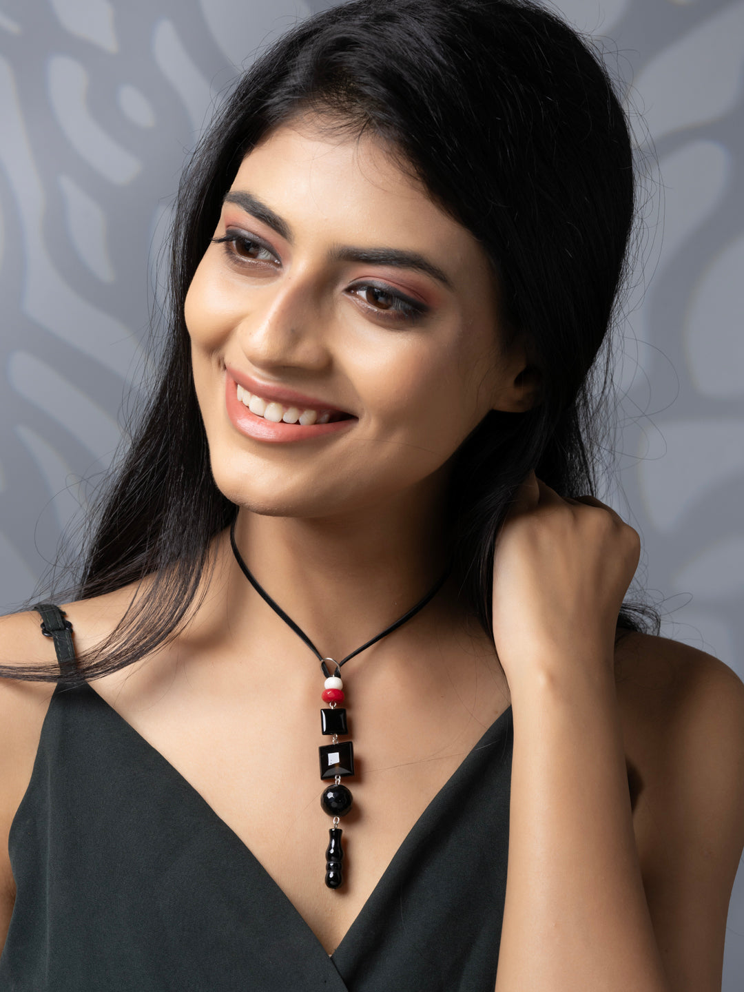 Semi Precious Black Red White Onyx Agate Jade Quartz Sleek necklace with adjustable Suede Cord LOOK AND ADORN - designed for you