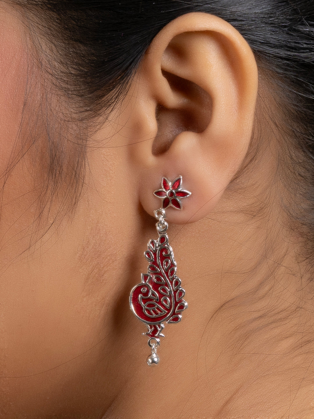 Red Floral Stud Peacock Meenakari Enamel Earring