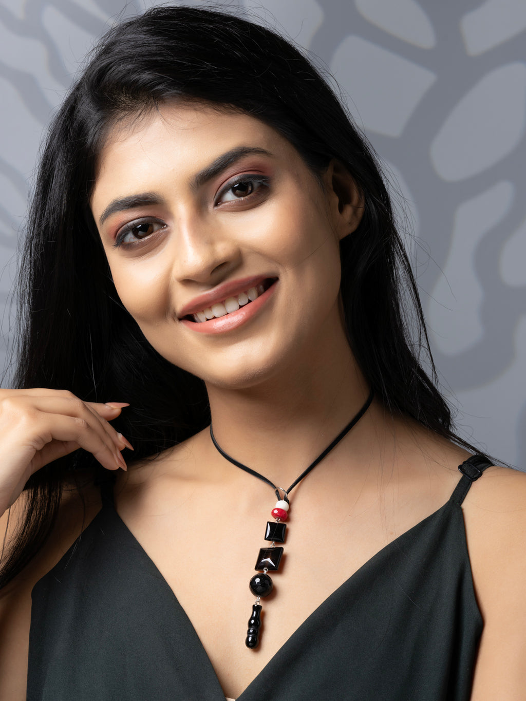 Semi Precious Black Red White Onyx Agate Jade Quartz Sleek necklace with adjustable Suede Cord LOOK AND ADORN - designed for you