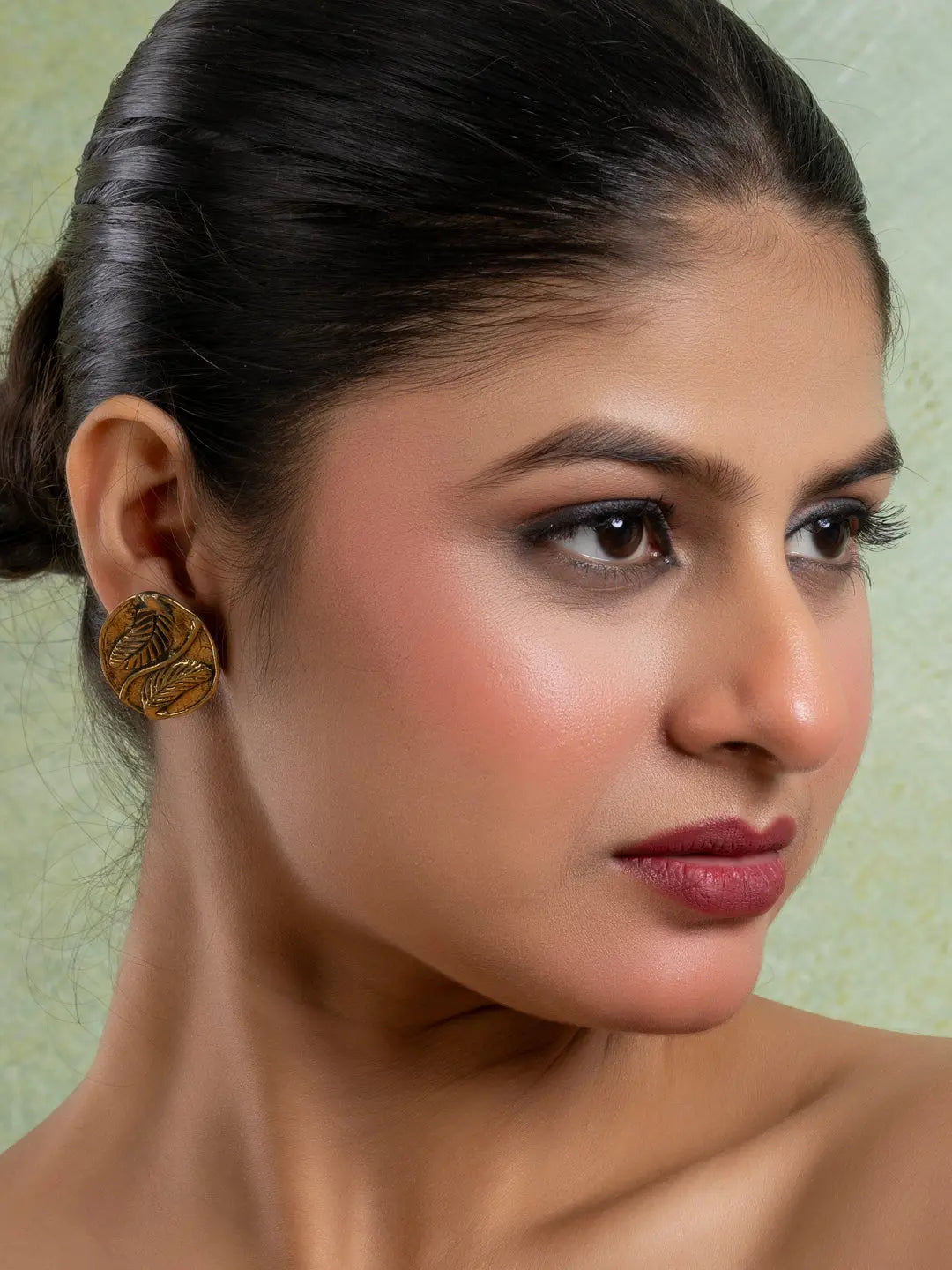 Golden Brass Oval Leaf Stud Earring LOOK AND ADORN - designed for you