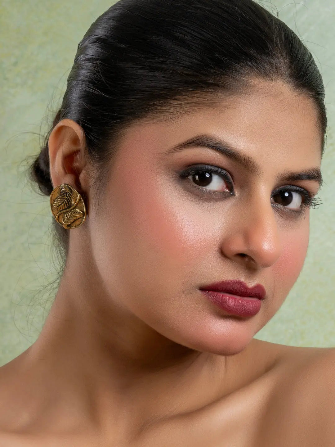 Golden Brass Oval Leaf Stud Earring LOOK AND ADORN - designed for you