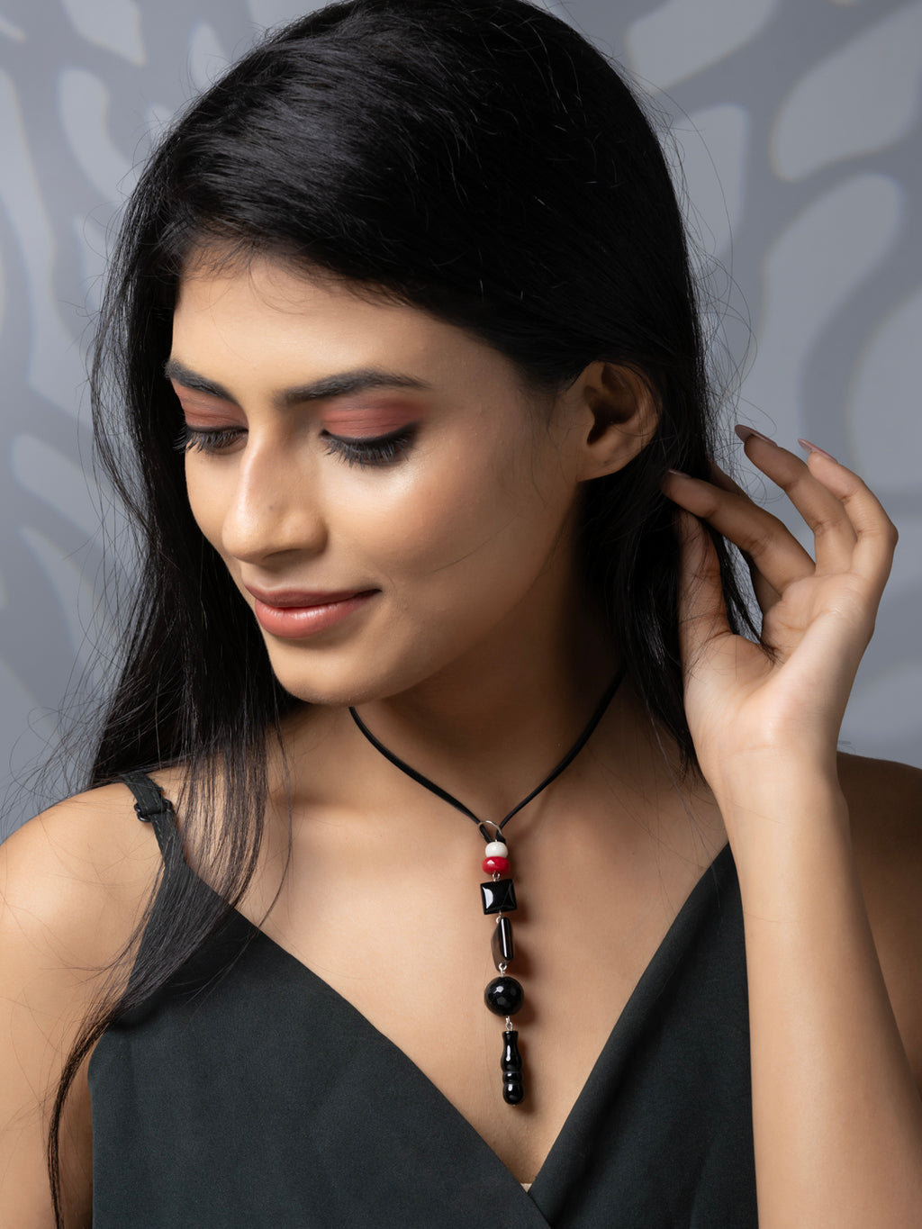 Semi Precious Black Red White Onyx Agate Jade Quartz Sleek necklace with adjustable Suede Cord LOOK AND ADORN - designed for you