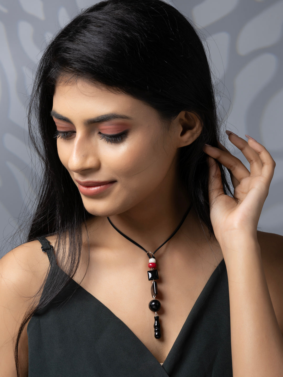 Semi Precious Black Red White Onyx Agate Jade Quartz Sleek necklace with adjustable Suede Cord LOOK AND ADORN - designed for you