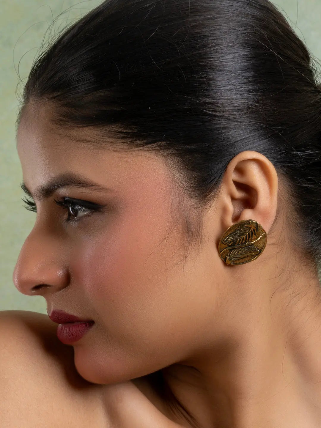 Golden Brass Oval Leaf Stud Earring LOOK AND ADORN - designed for you