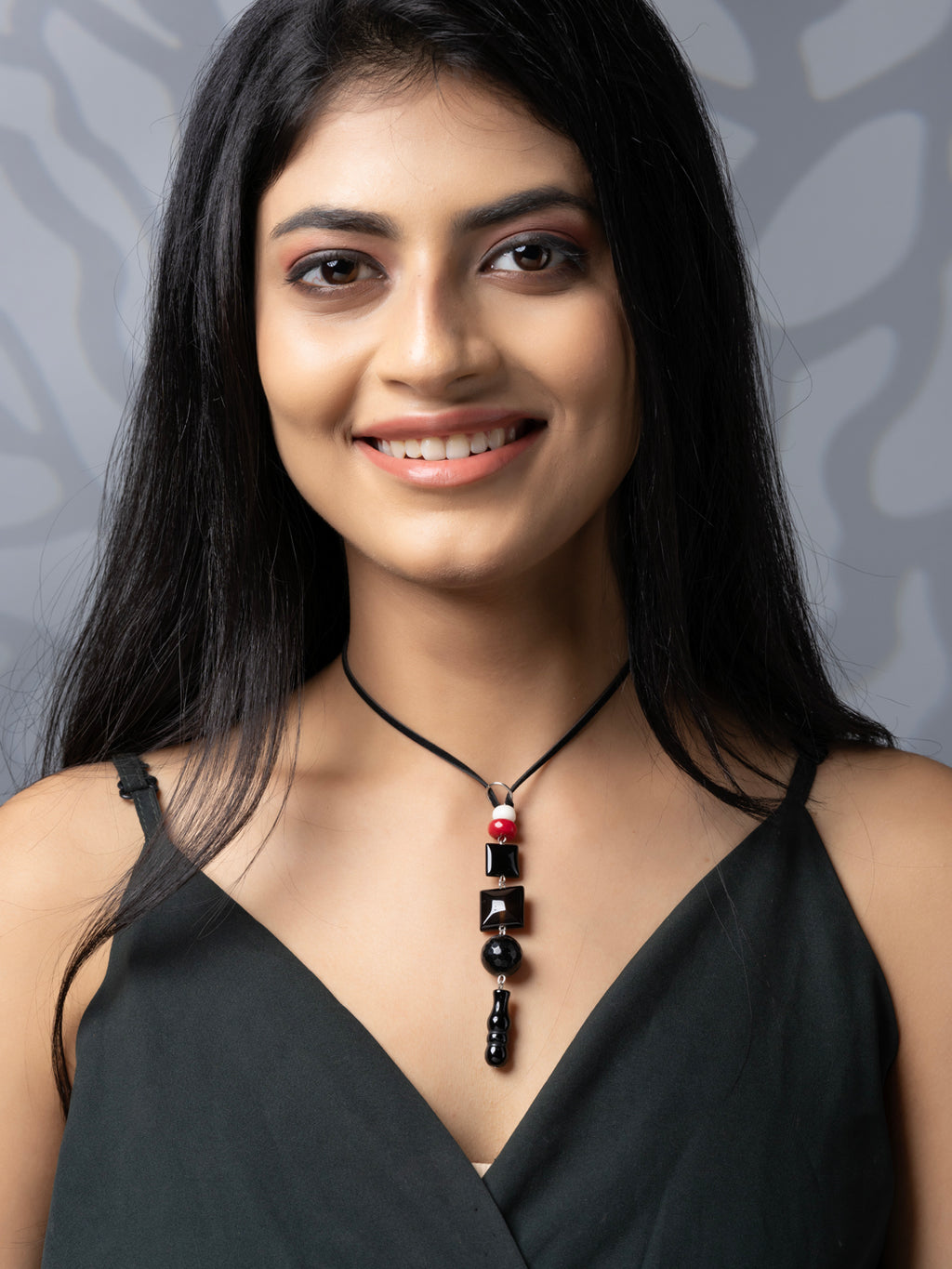 Semi Precious Black Red White Onyx Agate Jade Quartz Sleek necklace with adjustable Suede Cord LOOK AND ADORN - designed for you